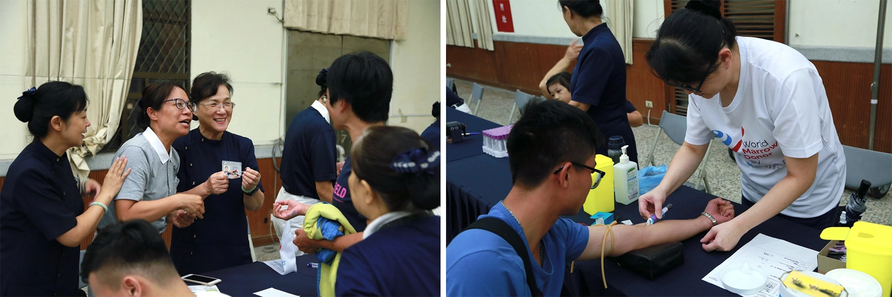慈濟志工現場說明，同時鼓勵建檔完成的民眾（左圖），經過諮詢和填寫資料完成的民眾，進行10c.c的抽血建檔（右圖）。(圖/陳毅麟)   