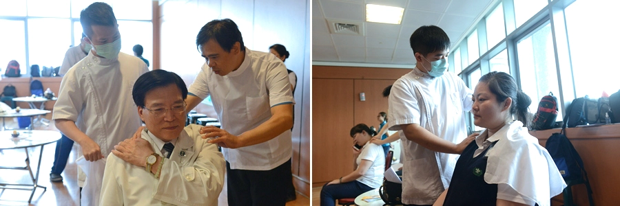 陳新育老師(左圖右)指導盲人重建院結業學員來到台北慈濟醫院實習，提供員工志工按摩服務。