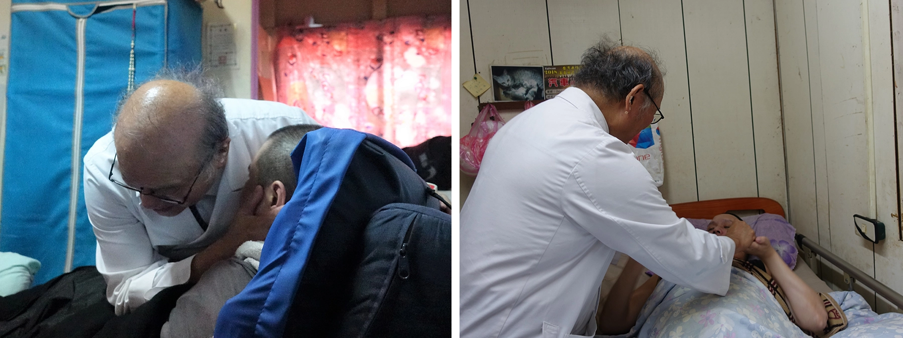 紀邦杰醫師關懷脊髓損傷病人，適時給予鼓勵。關懷頸椎以下無法動的章先生，章先生表示牙痛，紀邦杰醫師為他安排後續看診。(圖為慈濟基金會提供)