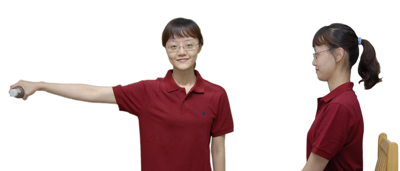 肌力訓練活動：1.手臂側舉、2.下巴往內縮。