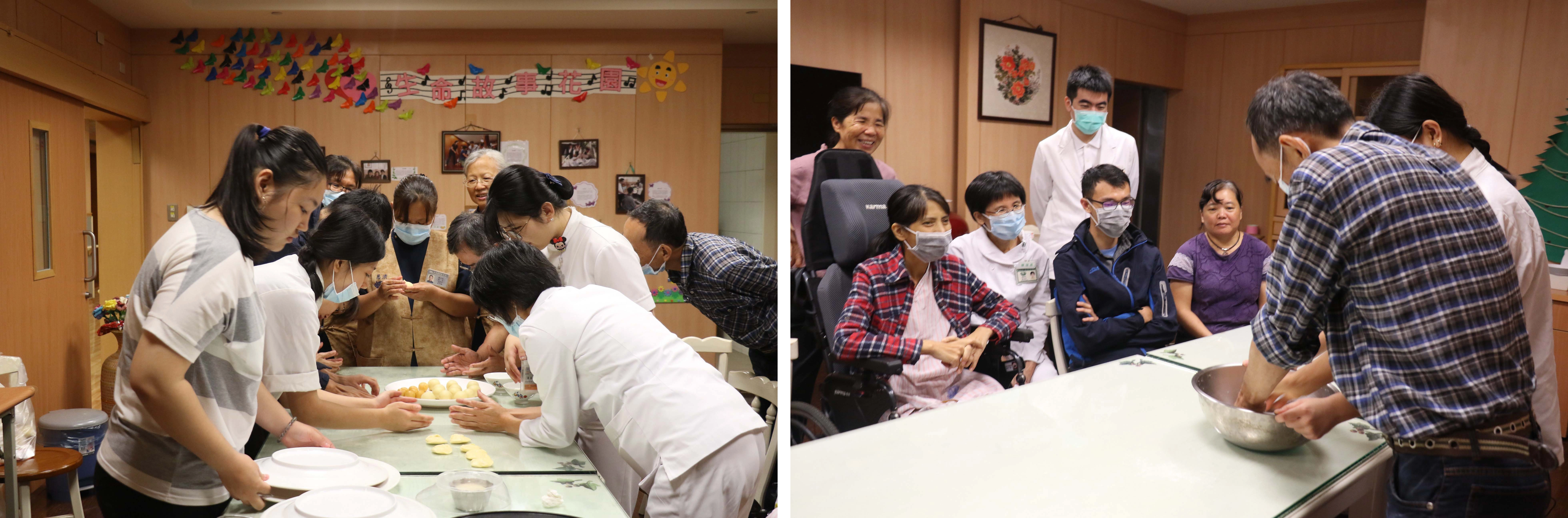（左圖）心蓮病房安寧團隊跟著小佩學做麵包共同圓夢。（右圖）爸爸加入揉麵行列。