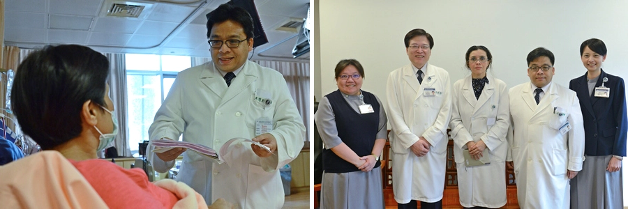 洪思群主任關懷臨床病患(左)、與團隊輔導友邦國家薩爾瓦多慢性腎臟病照護網的建立(右)。