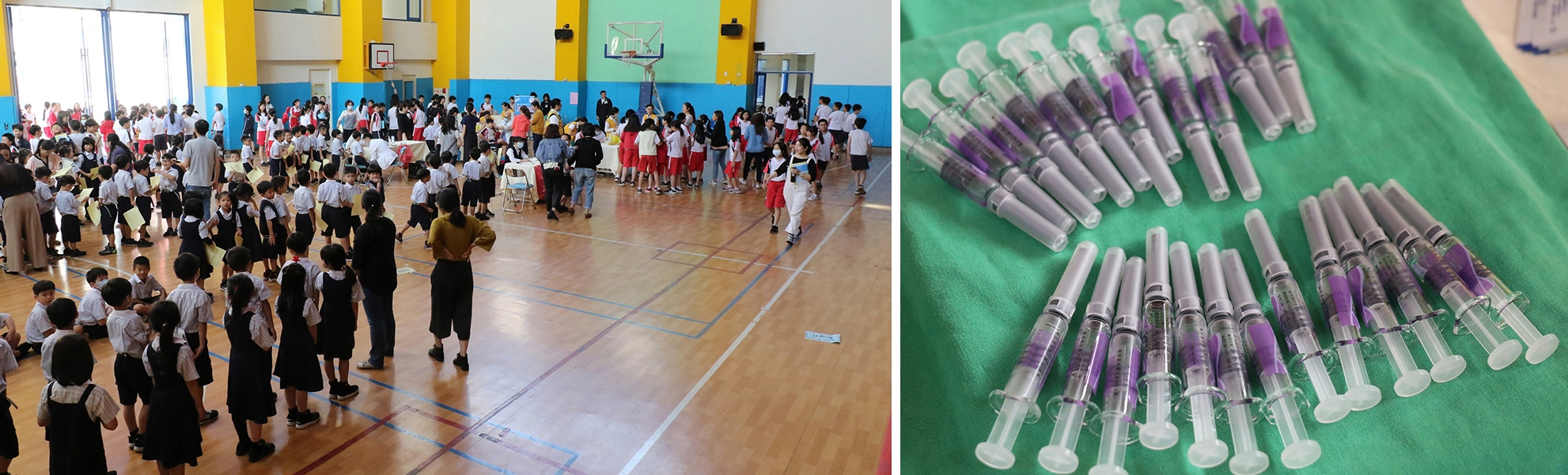 小朋友們聚集在體育館內等待施打疫苗。台中慈院李宇正醫師指出，今年四價疫苗涵蓋兩種Ａ型、兩種Ｂ型流感，保護的範圍與效力更廣。