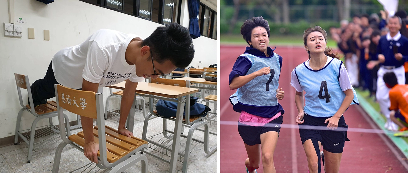 運動場上各項比賽激烈進行中，場下熱身準備也不能少
