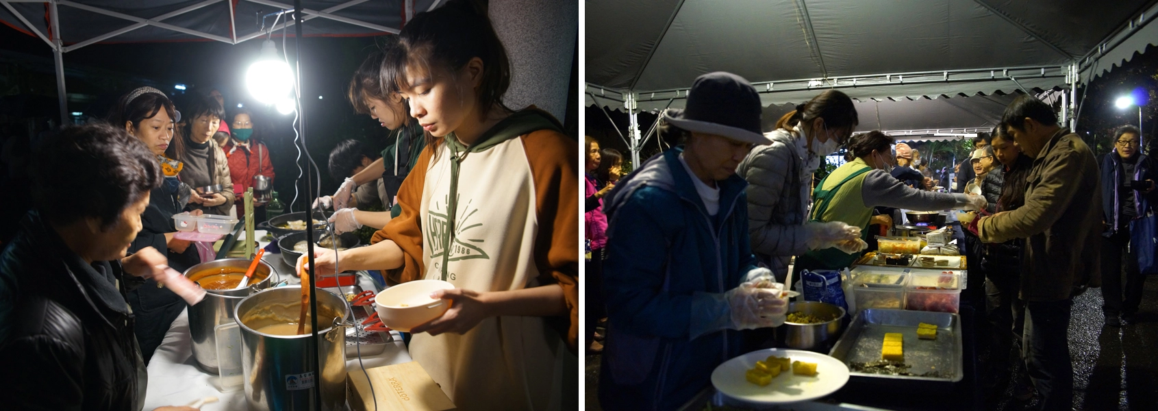 11月29日週五晚上，台北市內湖區成功路上慈濟內湖聯絡處園區裡，集結全台25攤素食美食的夜市開張，即使天候不佳，依舊出現一攤攤排隊人潮。