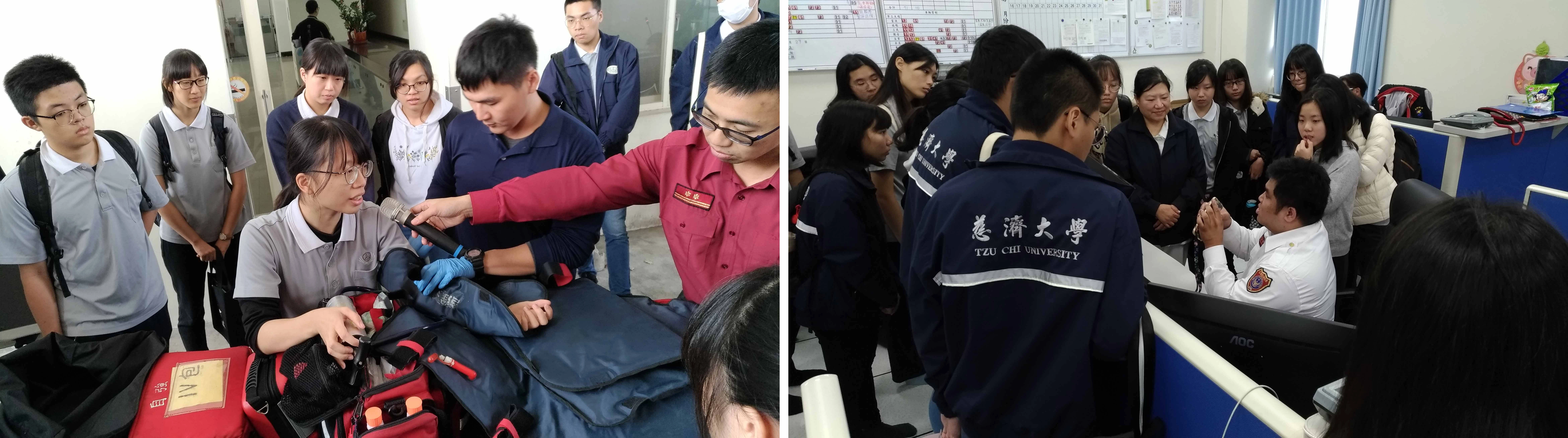 （左圖）同學們一探救護車內部裝備驚呼說：「麻雀雖小，五臟俱全」。（右圖）教官亦鼓勵同學們可利用課餘時間參加消防局的鳳凰志工，從志願參與服務的過程中獲得更多消防與救護的正確觀念。