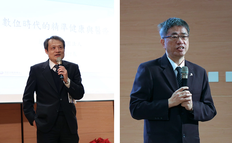 （左）公衛系尹立銘主任表示醫療和資訊的合作是趨勢，很榮幸邀請到台灣這領域專家學者與會分享。（右）慈濟大學醫學院院長陳宗鷹認為，如何利用大數據發現問題，並產生很好的AI應用工具，這是醫師們未來要面對課題，也期待醫療與科技的結合發揮最大效益。