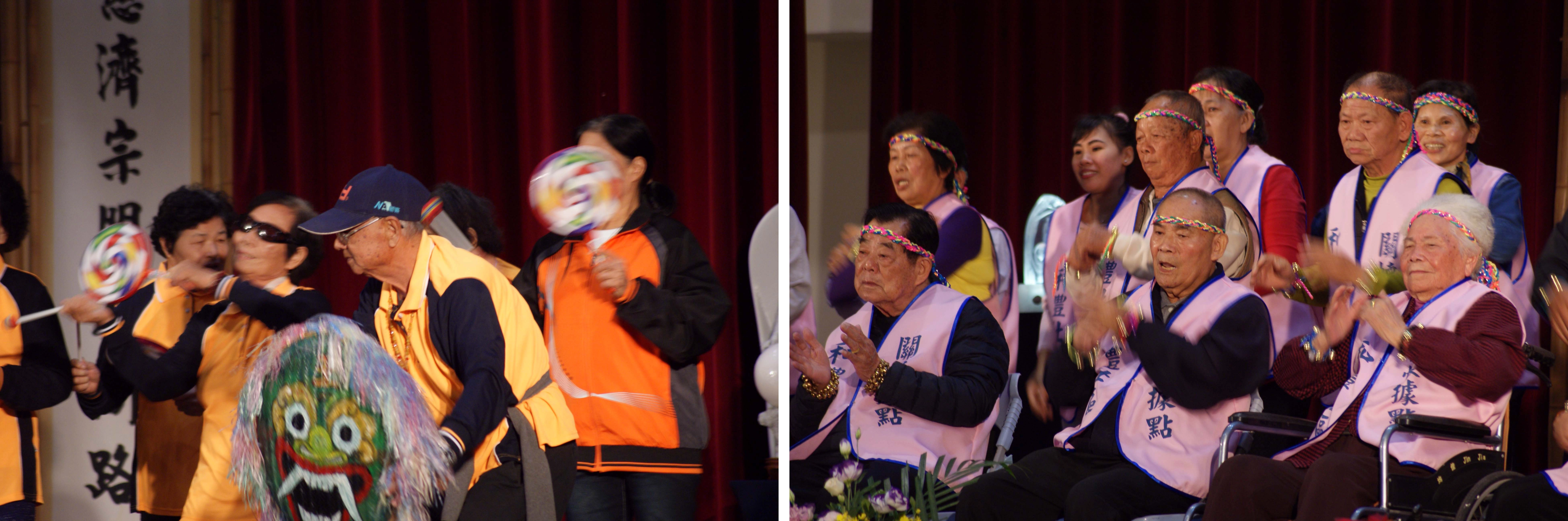 （圖左）歲末祝福一開始由二林鎮、田尾鄉、埤頭鄉的「慈濟社區關懷據點」的長者表演，二林慈濟社區關懷據點長者表演舞龍舞獅。（圖右）埤頭鄉「慈濟社區關懷據點」的長者表演〈我們都是一家人〉手語。