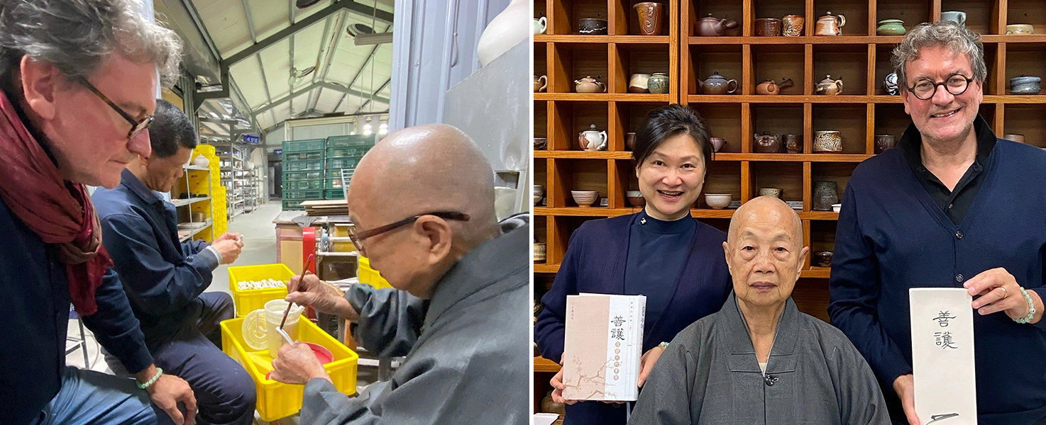 2019年12月中，帕斯卡爾再次來台體驗靜思精舍的生活，圖為在陶藝坊學習。帕斯卡爾將自己製作的「善護」器皿，與靜思精舍德慈法師合影。(提供：尤慧文)