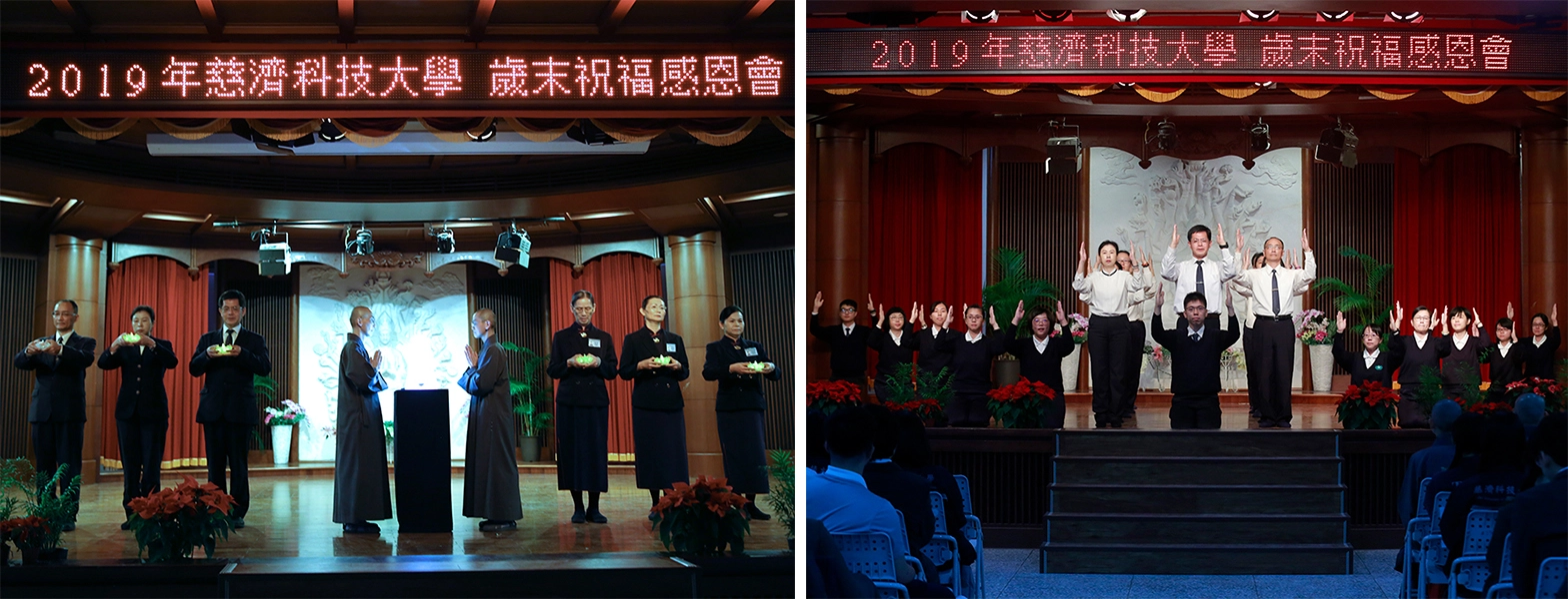（左圖）精舍師父帶領學生發善心，立善願。（右圖）教職員演繹《無量義經》。