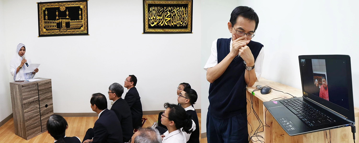 穆斯林Rina同學閱讀《古蘭經》，感恩阿拉祝福，指引他們正確的方向。慈濟志工胡光中夫婦雖然無法親自參與典禮，透過連線感謝慈大照顧穆斯林家人。