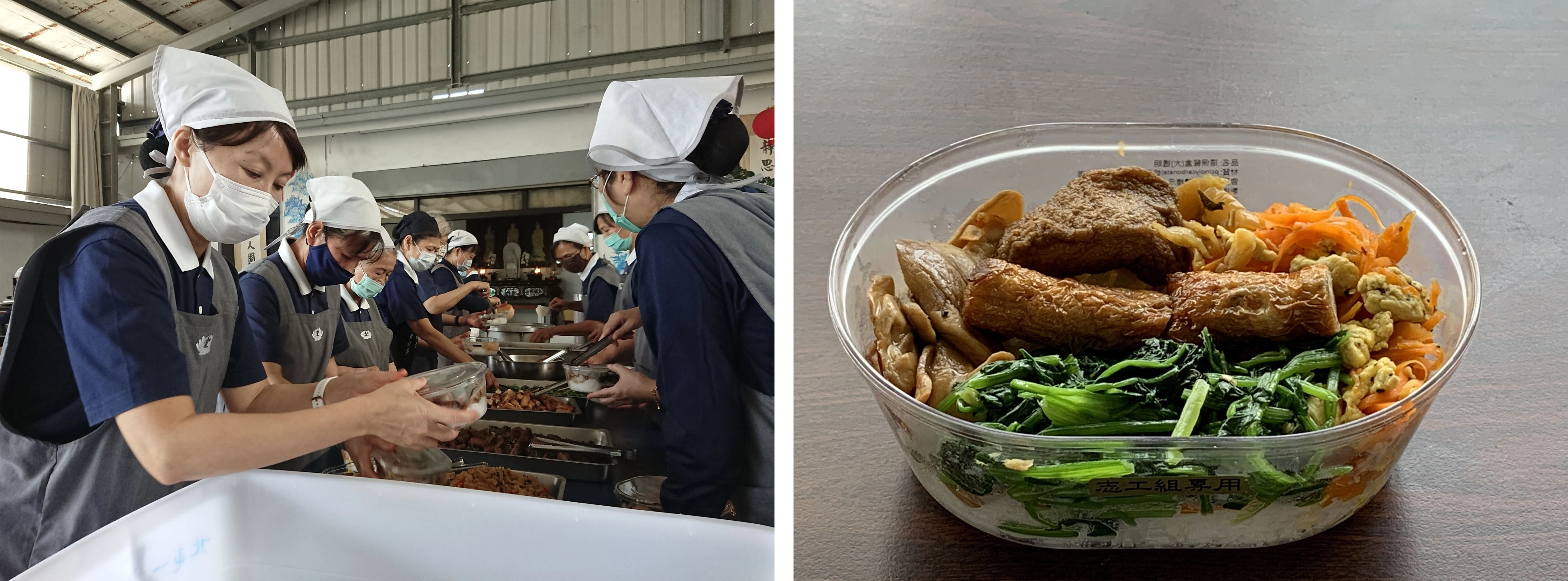 志工將各種顏色的菜餚，依據色塊鋪在白飯上面，讓便當看起來更加美味又可口。