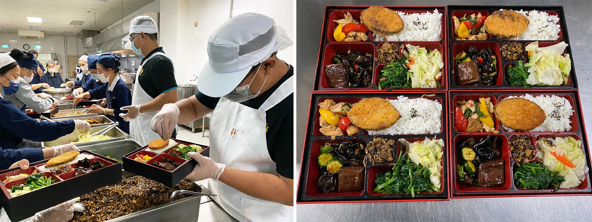 由慈濟志工指導，海巡食勤官兵製作的180個不輸五星級餐廳蔬食餐盒，用心擺滿的。<