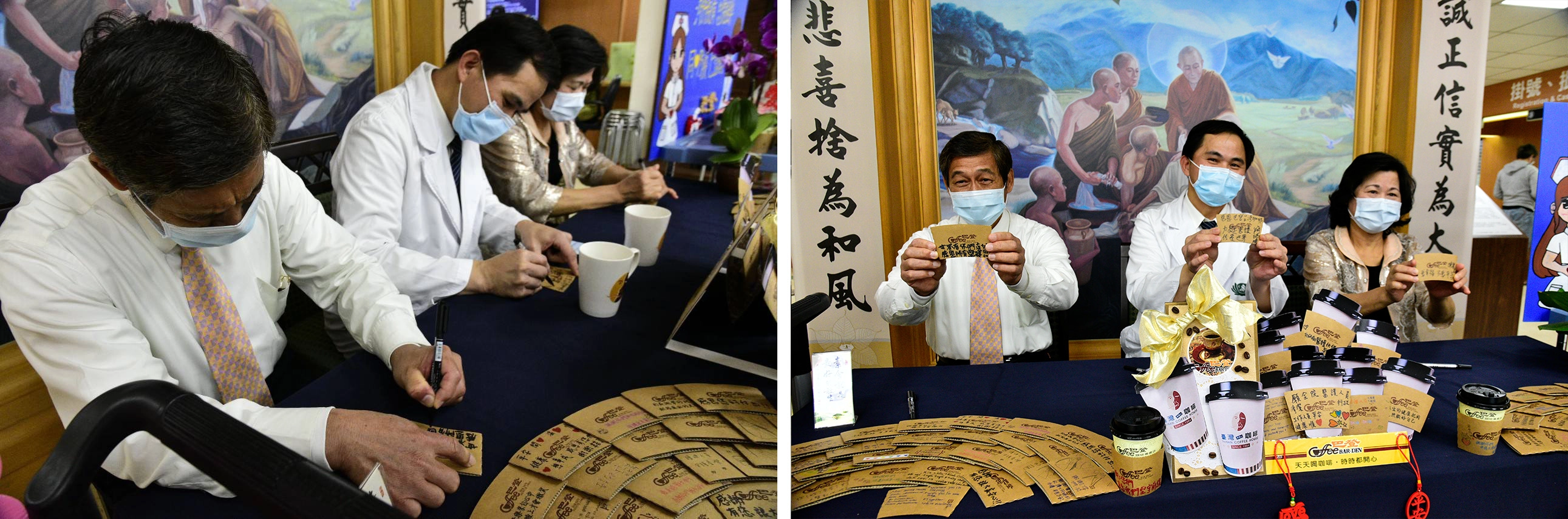 張萊恩社長與簡瑞騰院長在台灣典藏紀念杯、杯套上面寫下祝福的話。