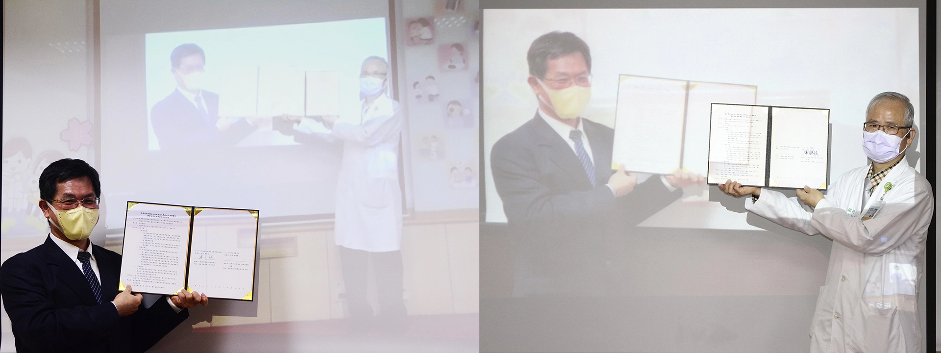 慈濟科技大學（左）與竹山秀傳醫院（右）採同步「視訊」簽約。