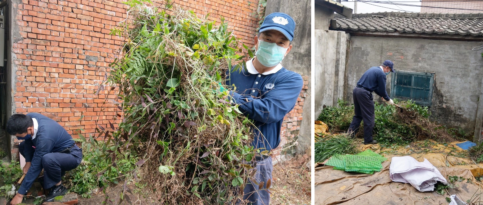 蕭先生家後院的塑膠帆布上，長出一棵棵雜草；裸露的泥地上，也長出一株株的植物或藤蔓，都必須加以清除。林泰裕號召男眾志工一起前來幫忙整理蕭先生家後院，他說：「疫情之中幫忙他把環境打掃乾淨，住起來也比較舒適。」