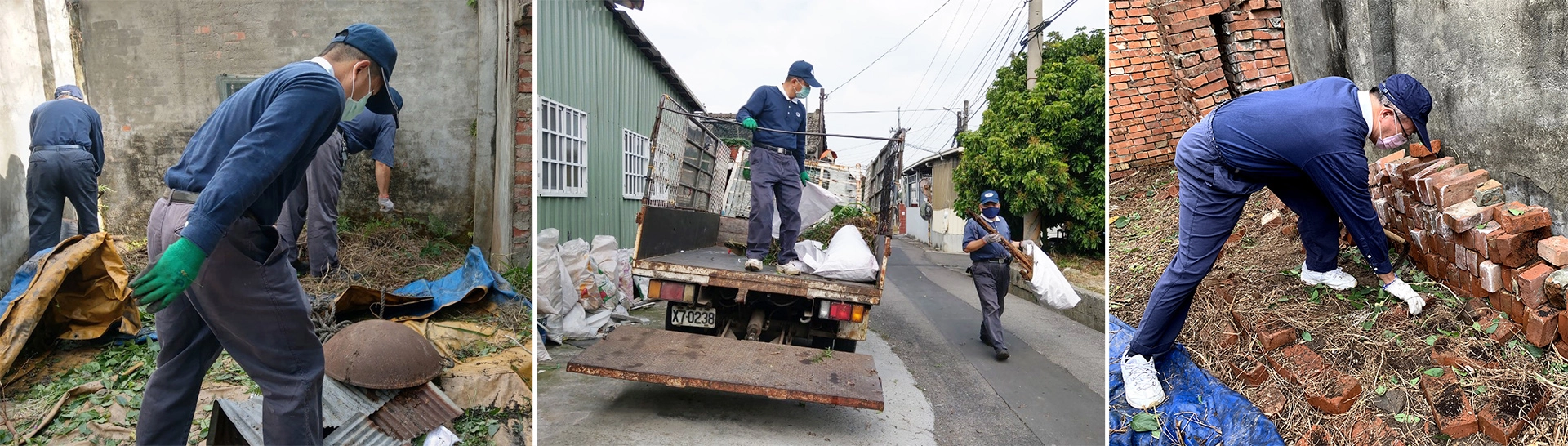 志工將雜草、藤蔓清理乾淨，重新整平帆布，再合力把原本散落的磚塊集中疊放整齊，整個空間頓時明亮起來。再開來環保車，將清理出來的雜草和雜物運走。