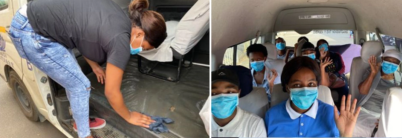 慈濟車每日用消毒水擦拭內部，志工搭乘時全程戴口罩。