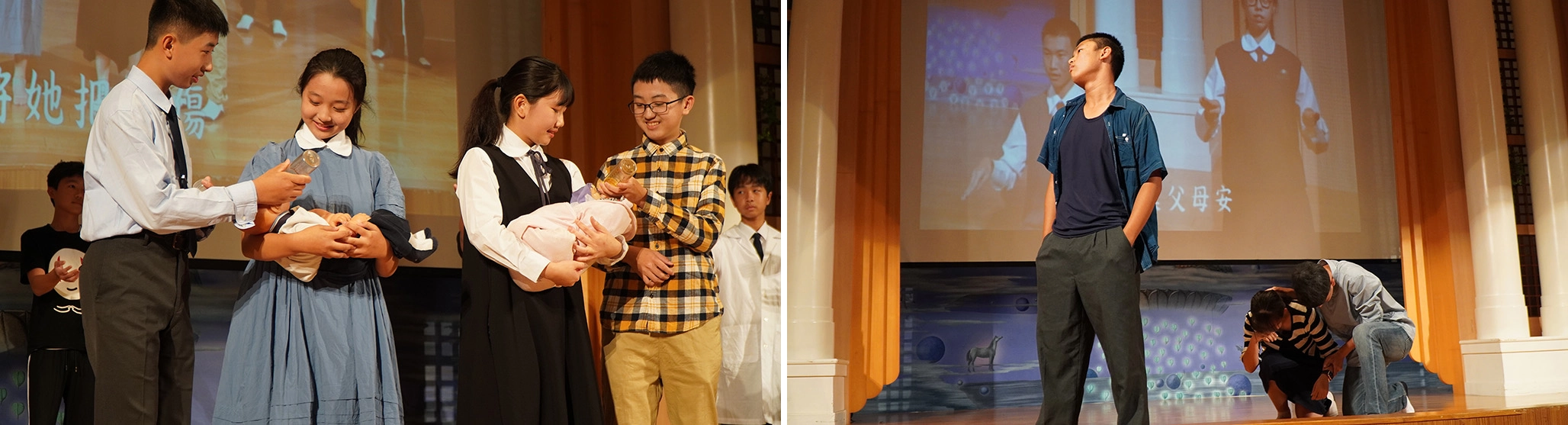 左圖：國二學生詮釋父母懷胎生子的辛勞。右圖：學生們揣摩叛逆孩子和憂心的父母，非常入戲。