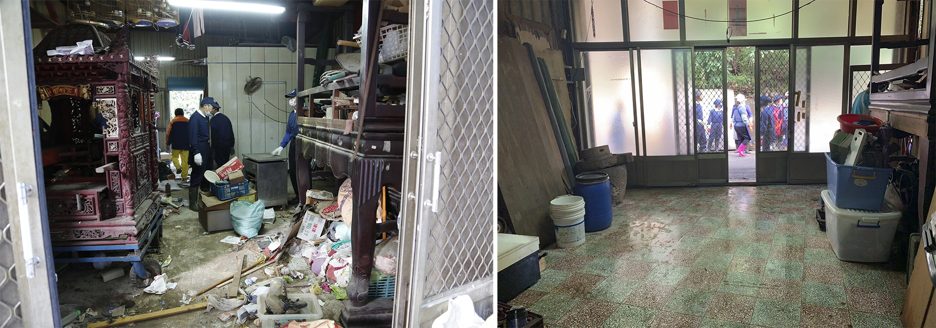 慈濟志工協助案家清理客廳（左），清掃後的客廳（右）。
