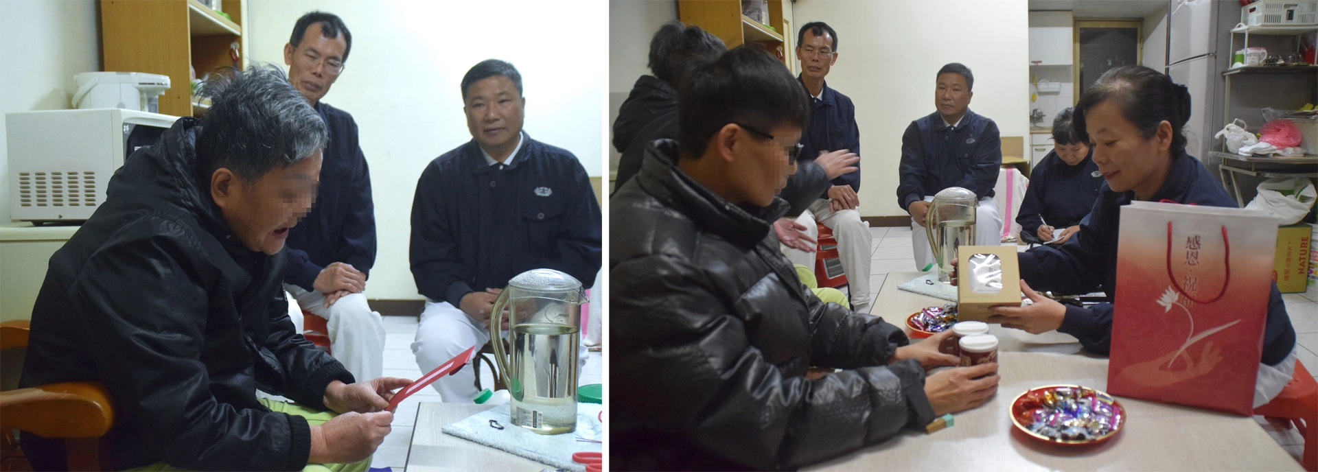彰化市慈濟志工前往訪視暨發放物資卡。鄭媽媽仔細看著物資卡紅包，志工梁淑惠(右)向鄭小姐說明物資內容。