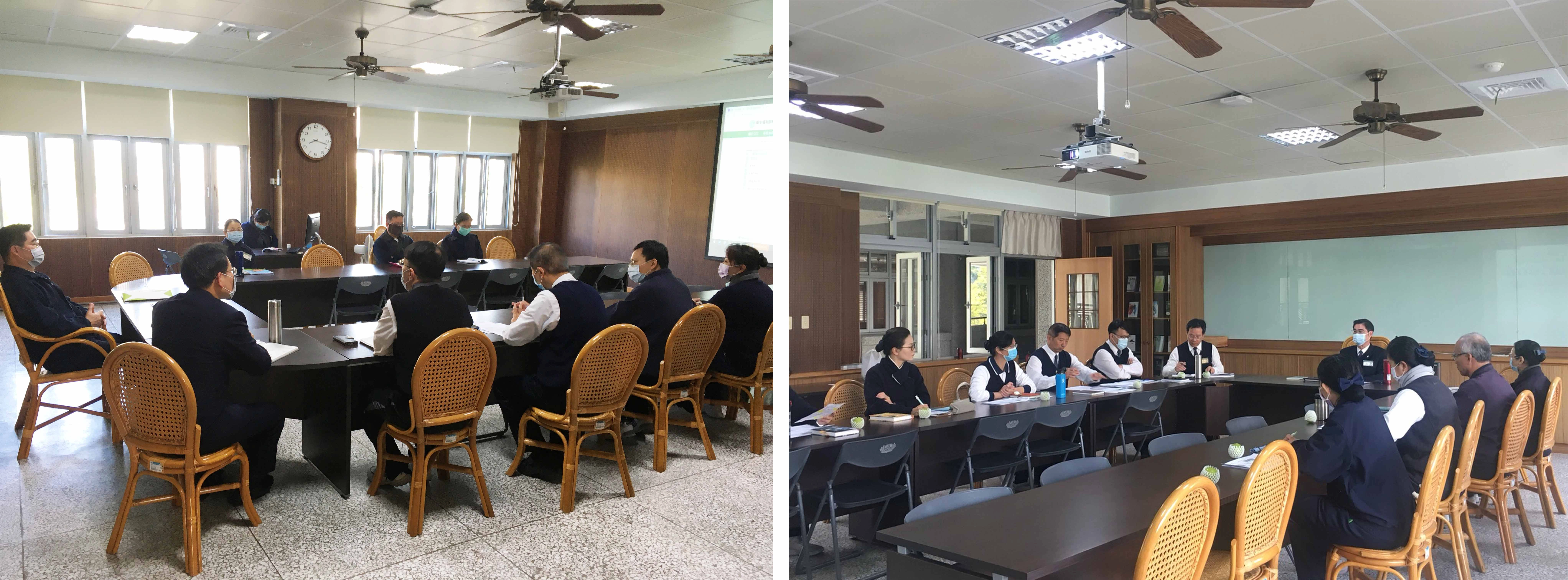 （圖左）臺南慈濟高中一月三十一日召開第一次防疫會議，決議暫停寒假期間學藝活動。（圖右）臺南慈濟高中於二月七日召開第三次防疫會議，確認寒假期間出國師生狀況與後續追蹤。
