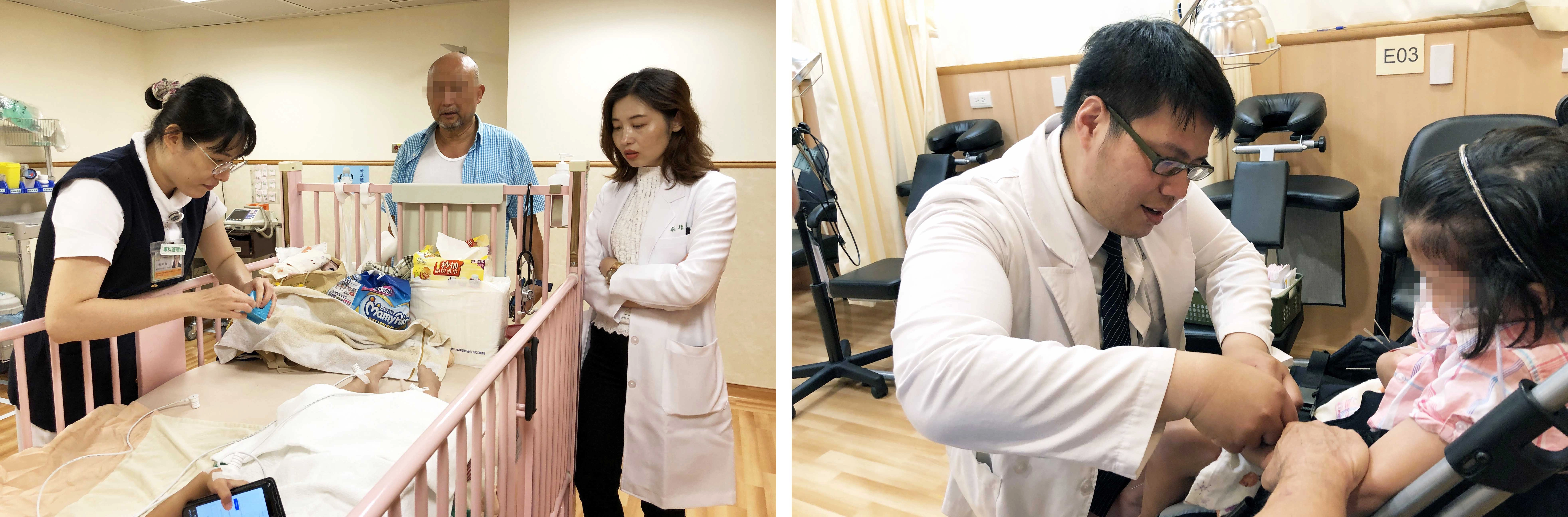 （圖左）中醫部莊佳穎醫師(右一)查看女童治療情況。（圖右）中醫部歐宗益替女童針灸治療。