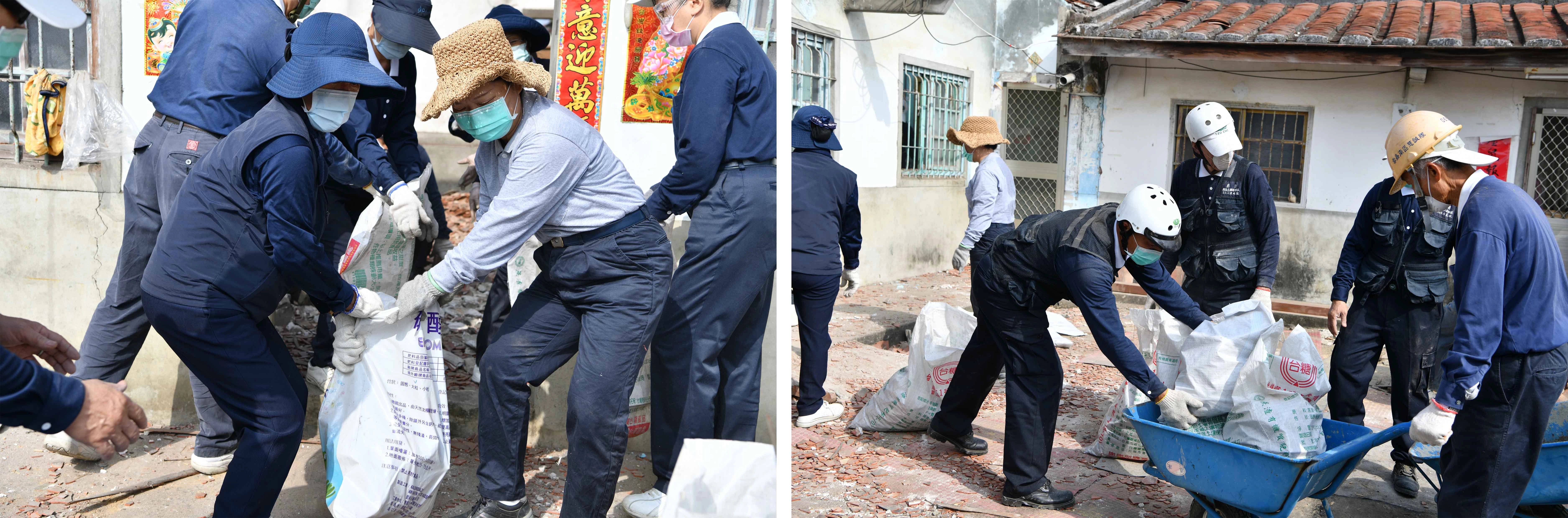 志工協助清理現場，用人力將廢棄物搬運到百米外空地，再委由區公所環保隊清運。