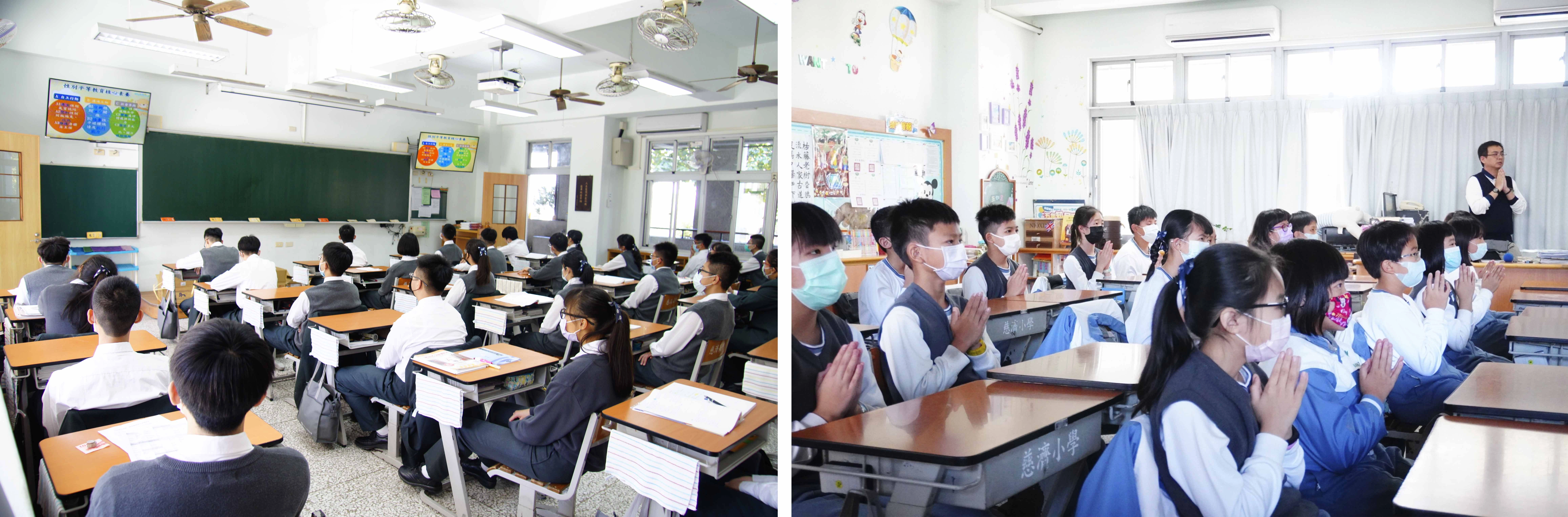 （圖左）臺南慈中中學部在教室進行開學典禮，校長及各處室主任以連線方式進行報告。（圖右）臺南慈中國小部開學，由導師在班上進行詳細衛教宣導，認識新型冠狀病毒，並一起祈禱。