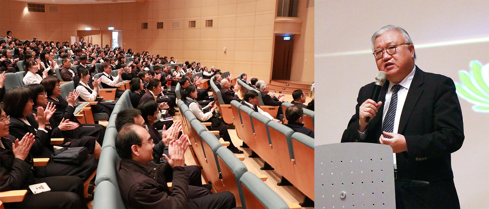 慈大駐校董事台北醫學大學前校長閰雲教授分享「My self experience in high education」，期望透過他的學思經歷給予教職同仁們一些啟發。