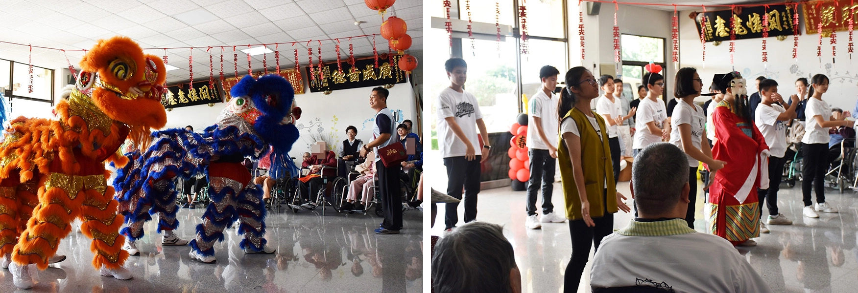 學員劉同學巧扮財神爺，帶領慈少學員一同進場祝福，逗得長者笑呵呵；還有一組學員當天才成軍，由教練帶領下特別加碼演出的「祥獅獻瑞」舞獅表演，讓愛灑活動嗨到最高點。