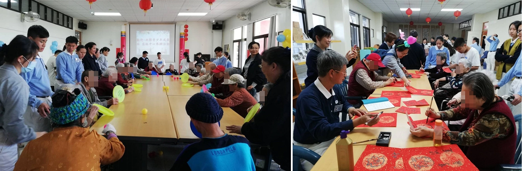 「專注盯著乒乓球、氣球的方向，用力揮動手中飛盤，展開一場「樂樂足球賽」；或是手握毛筆，在紅紙上畫出象徵鼠年吉祥的創意圖樣…」，在廣成老人安養中心，學員們安排三個分站陪伴長者闖關。