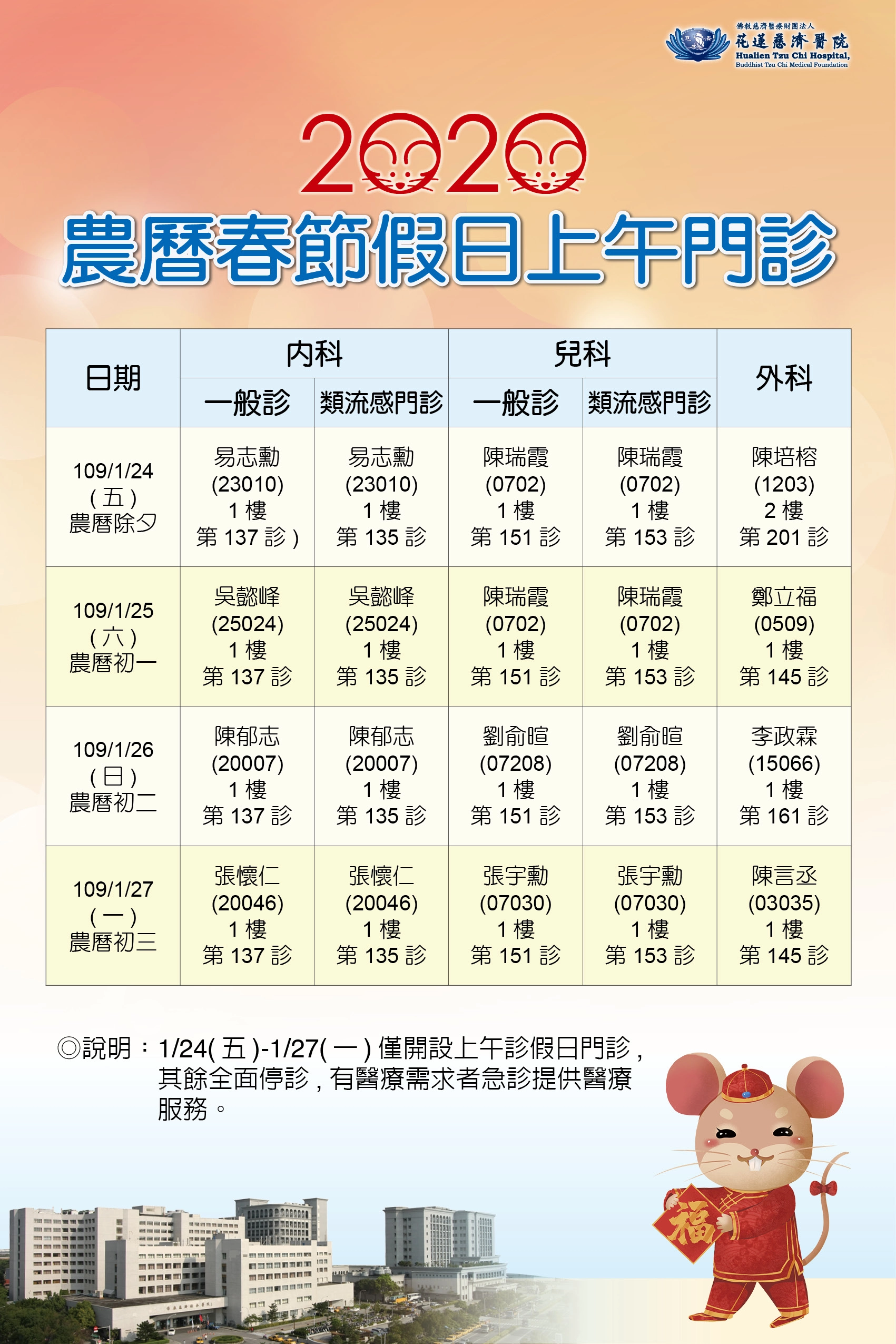 花蓮慈濟醫院春節期間門診表