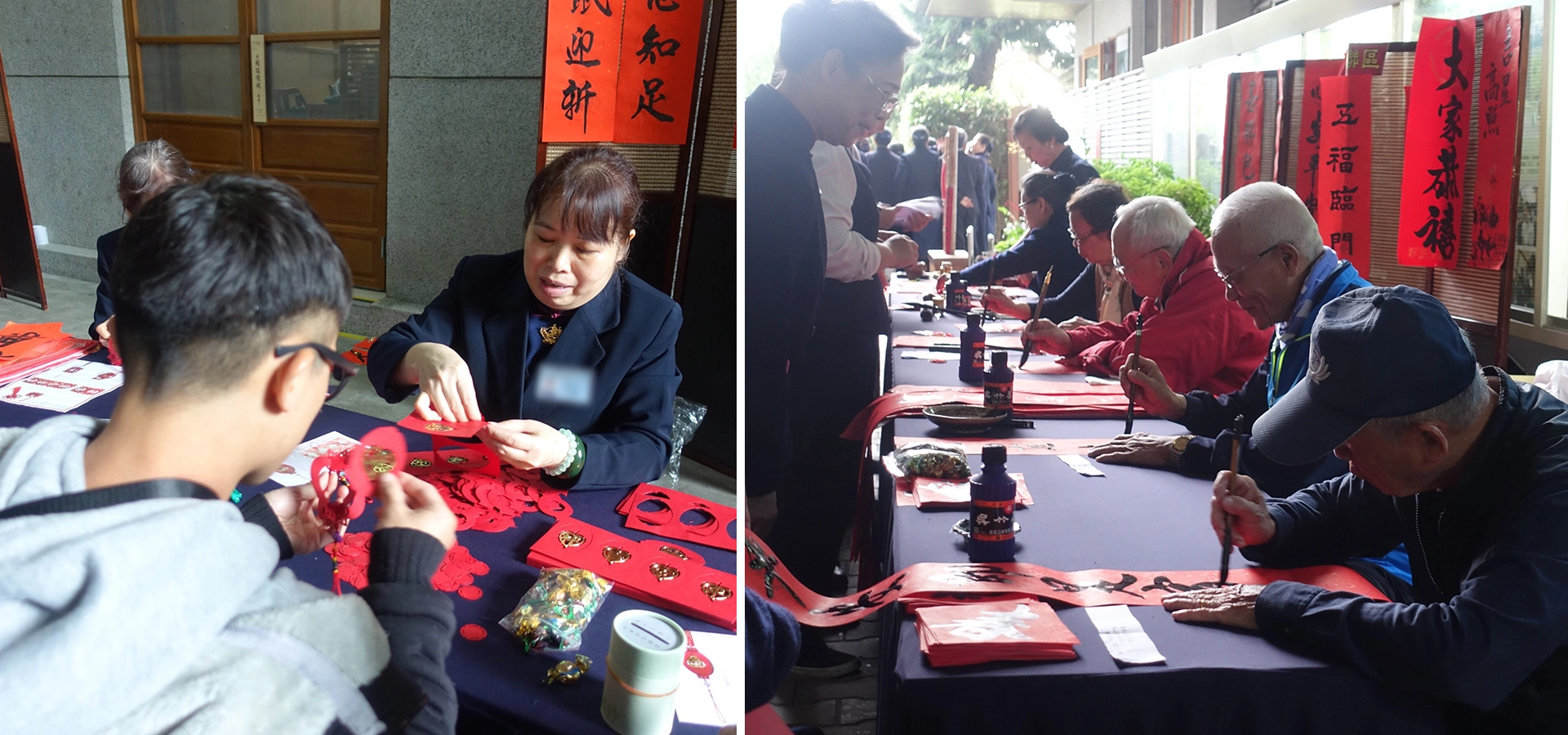 1月17日發放日一早，靜思精舍就充滿濃濃年味，許多人在春聯區排隊等著拿春聯。慈濟志工設攤，圖為平安吉祥福慧燈DIY。