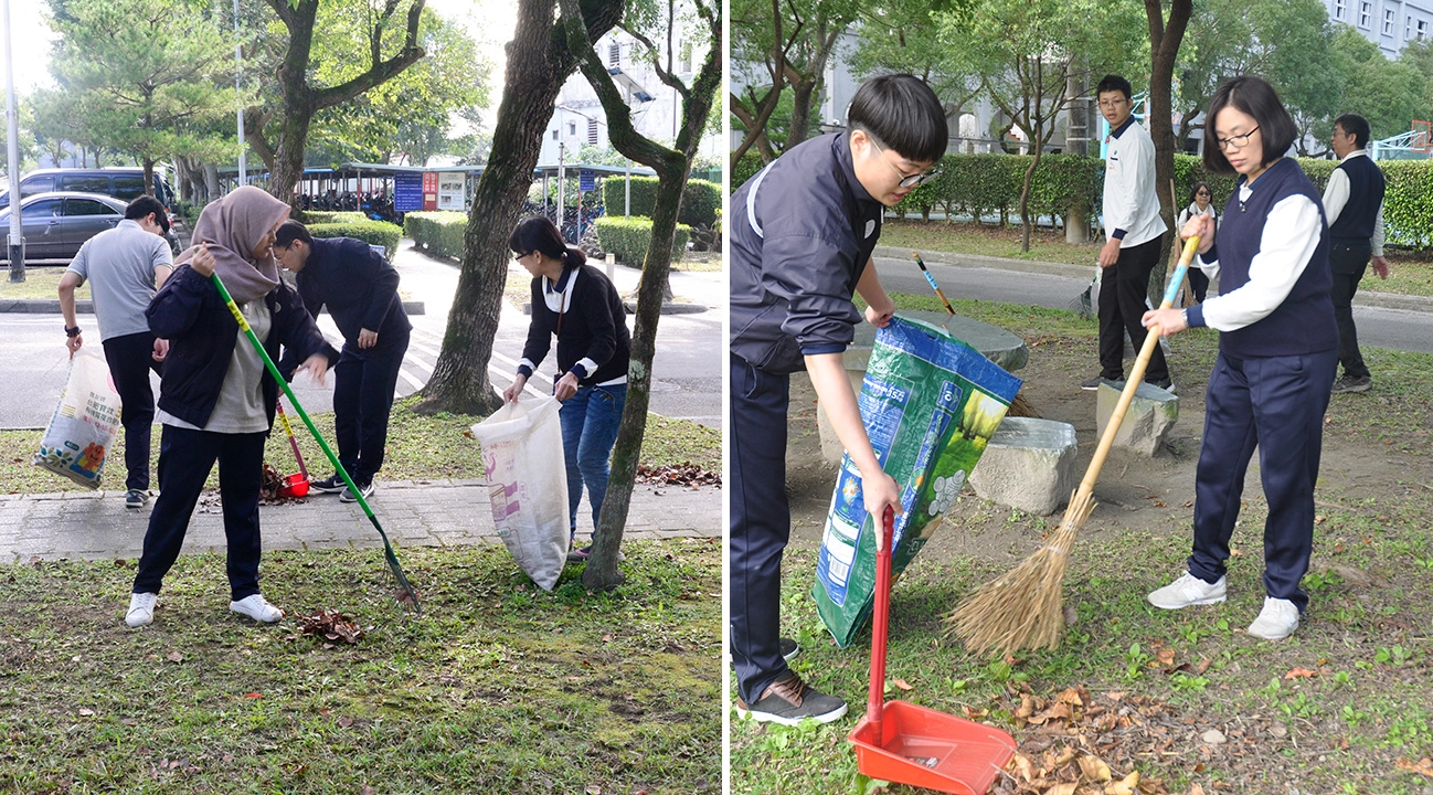 慈濟科技大學趕在放年假前一天，展開校園大掃除。不少留校的印尼外籍生主動加入打掃的行列。