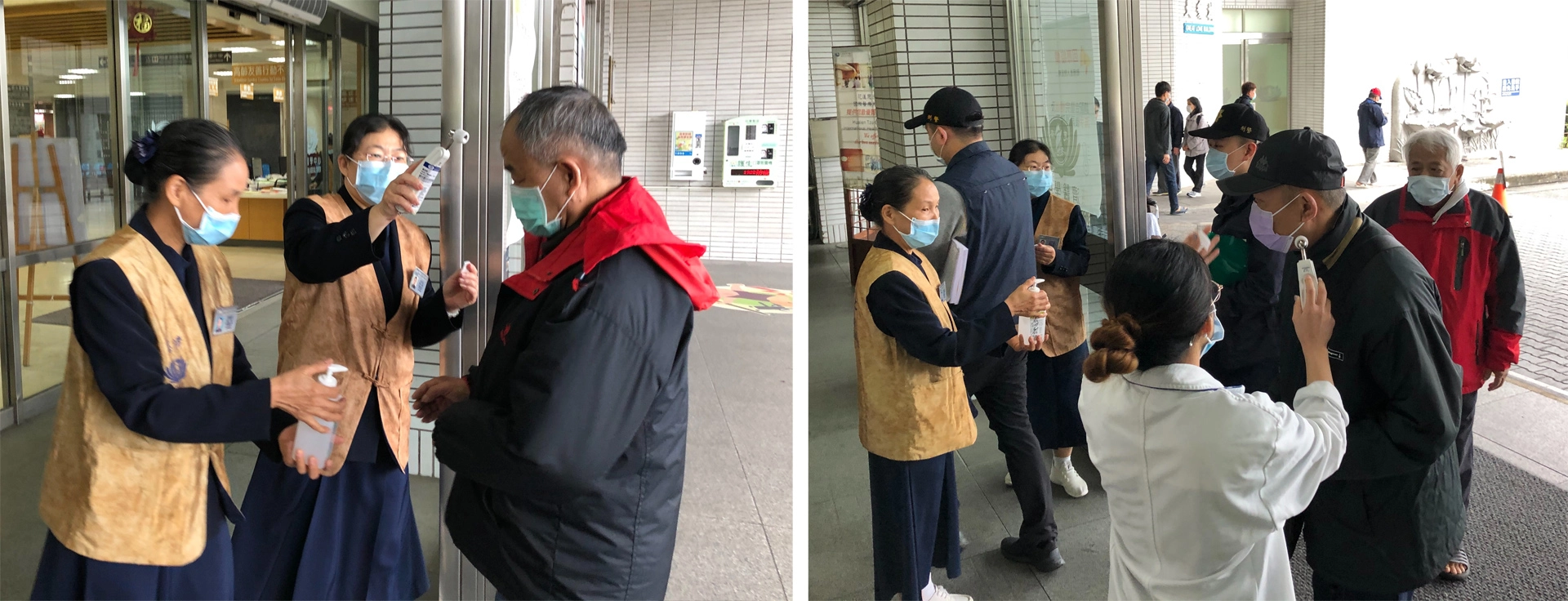 從除夕到初四，醫療志工與值班同仁在春節期間堅守崗位，做醫療團隊最佳後盾，在門診大廳與急診出入口協助民眾測量體溫，讓過年期間各項防疫工作不鬆懈