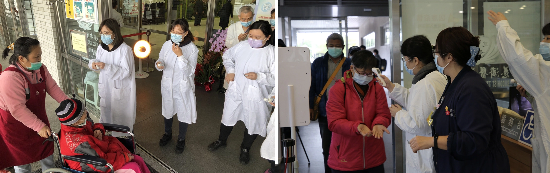 從除夕到初四，醫療志工與值班同仁在春節期間堅守崗位，做醫療團隊最佳後盾，在門診大廳與急診出入口協助民眾測量體溫，讓過年期間各項防疫工作不鬆懈