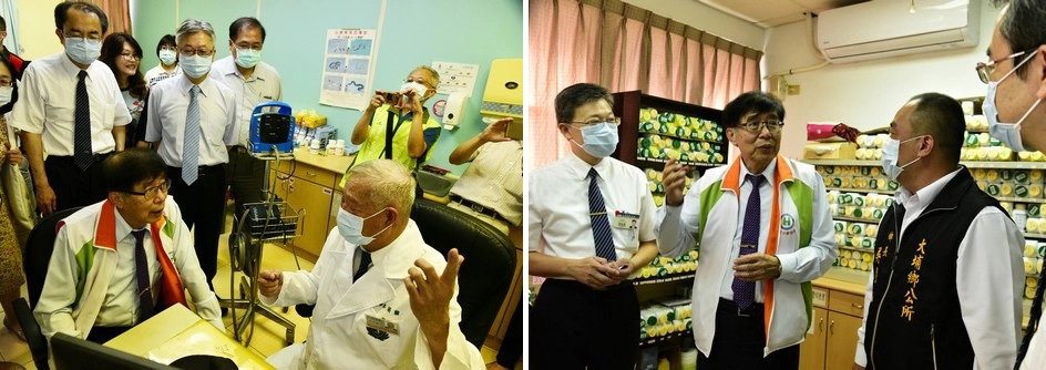 左圖說：健保署長在大埔醫療站聽取林醫師介紹就診個案故事。 右圖說：大埔鄉鄉長吳明勳表示，台灣有四個無醫鄉，大埔鄉曾屬台灣無醫鄉之ㄧ。