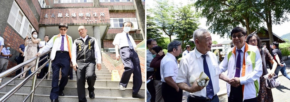 左圖說：健保李署長、大埔鄉長、醫療團隊一起前往會議場地。 右圖說：健保署長感謝林醫師在大埔的貢獻。