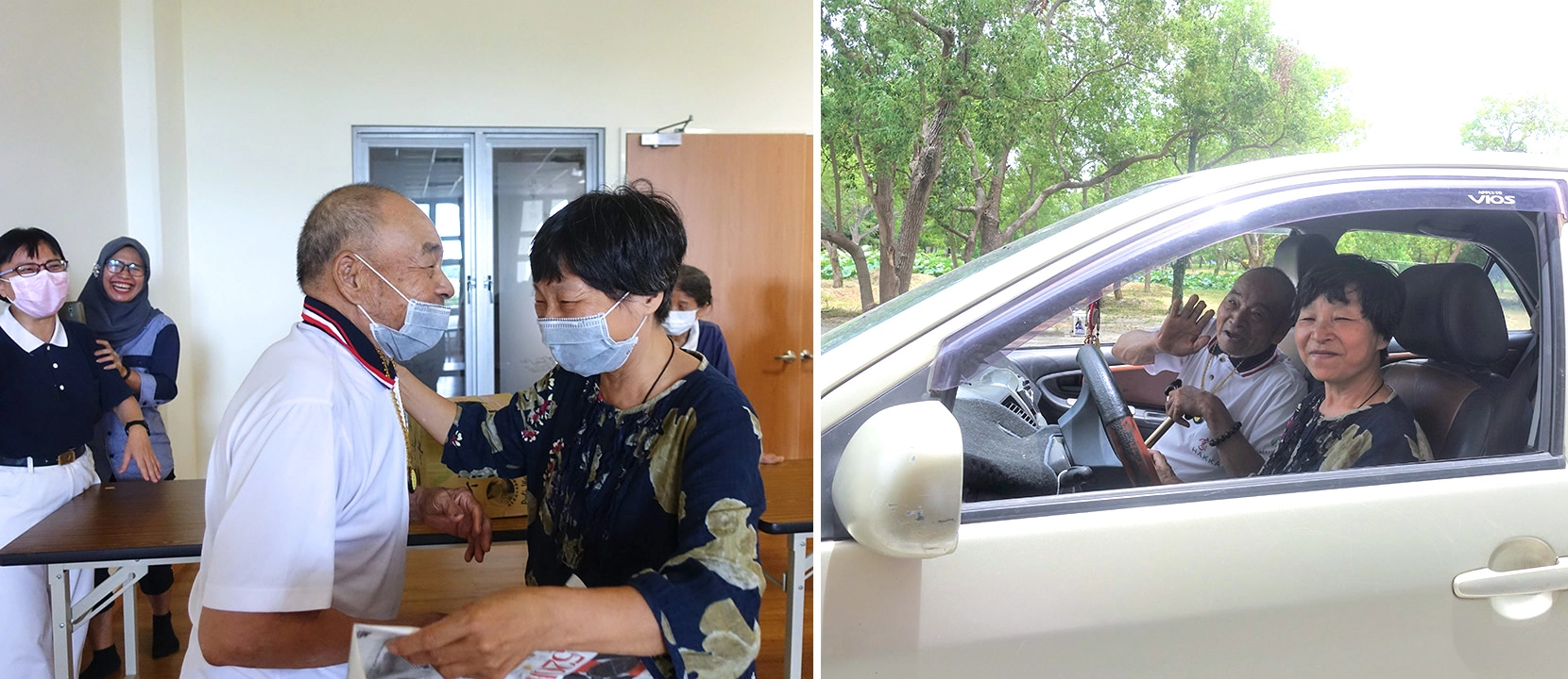 鄧女士(右)說她的父親(左)來到慈濟苗栗園區後，本來無法自行走路，如今行動越來越方便她很感謝志工的付出。