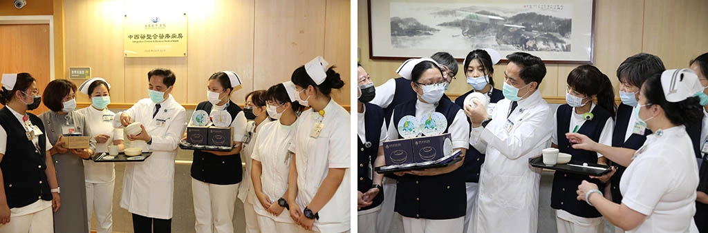 林欣榮院長至護理站代表致贈最新一代的環保折疊餐具－「淨斯唐風新食器」，率先響應「防疫新生活運動」。