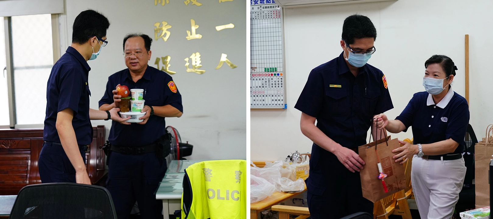 志工吳慧君〈右〉把握蔬食餐劵推動，希望讓警察能吃出健康，也能為這次疫情盡一分力量，特的前往派出所，說明餐劵推動目的及使用方法。