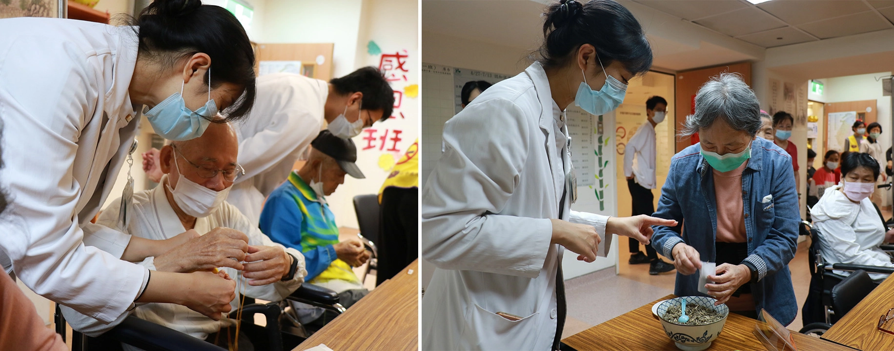記憶保養班學員將打碎的中藥材裝入香包袋。記憶保養班學員在同仁協助下動手作香包。