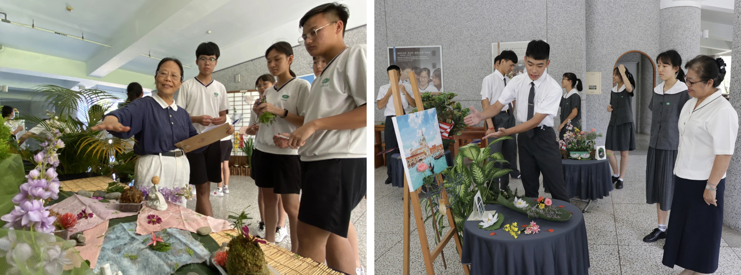 而高二「花開有時」課程則是以靜思花道為基礎，引導學生認識生活裡的植物，透過數學、文學、生物、家政等課程，以製作植物染、植物標本、花材入食等烘焙課程，從課程中培育學生藝術涵養與美感素養。