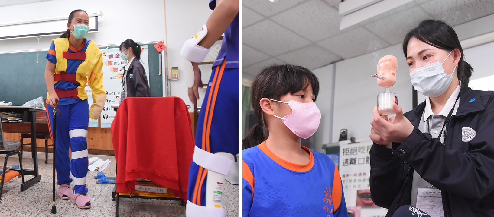 左圖穿上中風體驗輔具，難以行走。右圖利用教具示範菸害對人體的影響。
