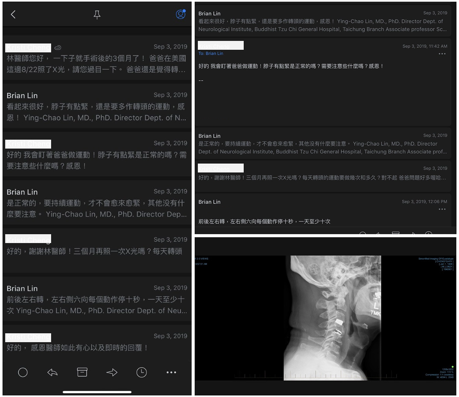 臺灣與美國距離遙遠，林英超醫師透過電子郵件細心叮嚀家屬，提醒要做哪些運動。（林英超醫師提供）