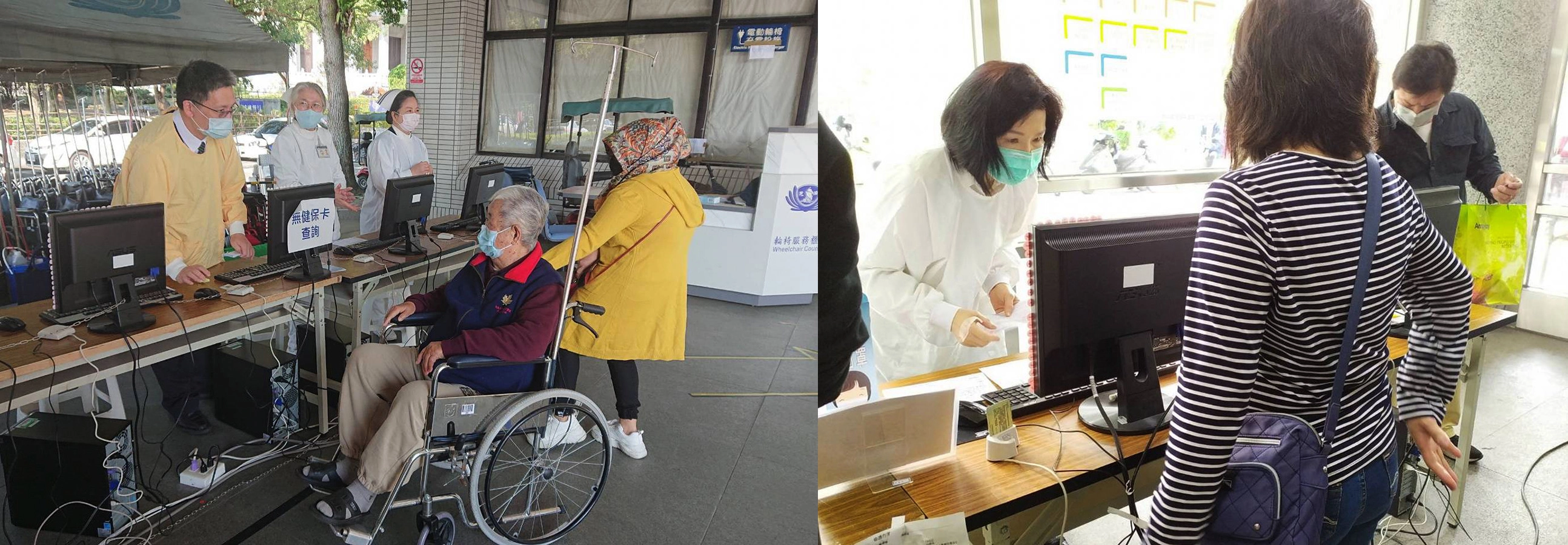 假日期間還有醫師、護理、行政、醫技主管以志工身分支援排班，包含內科部副主任王智賢(左圖左一)、護理部主任鍾惠君(左圖右)、藥學部主任劉采艷(右圖左)以志工身分支援排班。