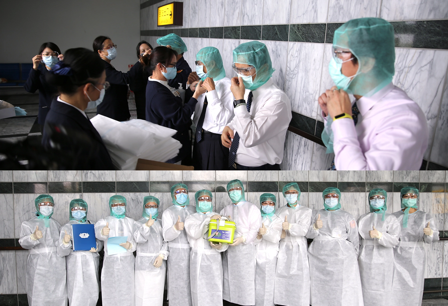 為符合防疫社交距離（social distancing）與防疫規範，林欣榮院長與朱家祥局長穿上防護衣，第一次接受包機取髓，在高規格的防疫下，以遠距方式交接。