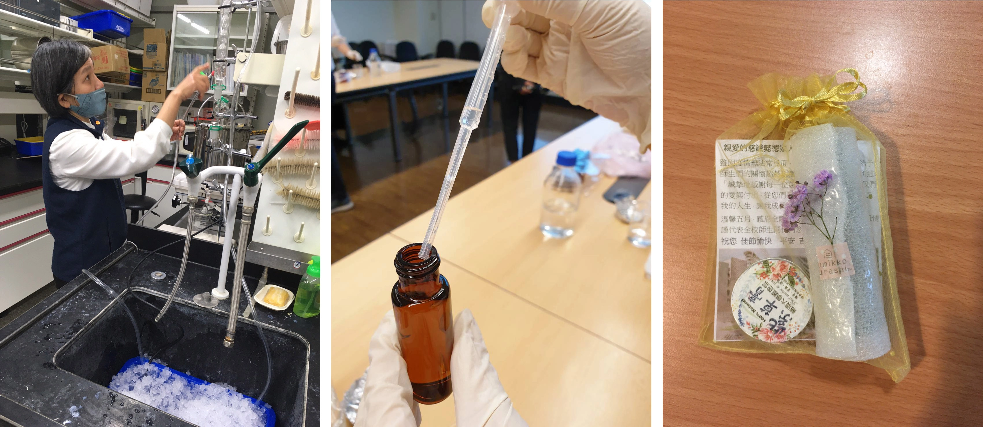 生命科學系鄭靜明老DIY蒸餾設備，利用2個星期蒸餾萃取薰衣草和玫瑰純露，鄭老師表示蒸餾就像教育一樣都需要時間等待，感恩慈誠爸媽陪伴學生，用薰衣草和玫瑰溫暖的芬芳謝謝他們。 (圖/慈濟大學人文處)