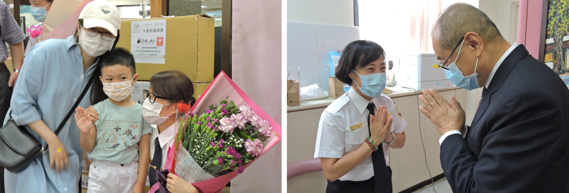 （圖左）感念移民署同仁在疫情期間擔任第一線防疫工作辛苦，尤其感謝身兼數職的移民官媽媽們。（圖右）慈濟不只是物質上的支援，更希望透過捐贈活動，與第一線人員接觸，提供心靈層次上的交流。